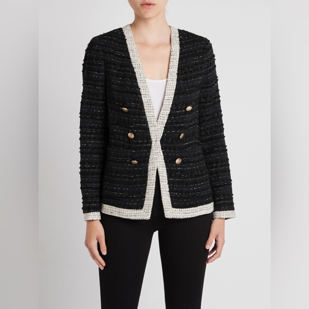 Rebecca Taylor Tailored Fringe Tweed Button Jacket Navy Combo Size 4